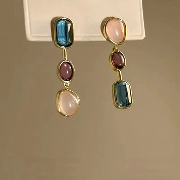 DAIIIBABYYY  -  Vintage Colorful Resin Asymmetric Earrings Women’s Imitation Stone Contrast Geometric Dangle Earrings Korean Personality Jewelry
